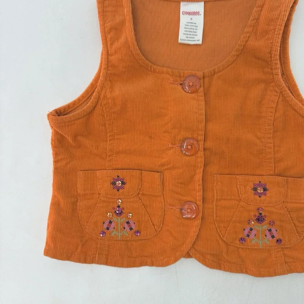 GYMBOREE Girl’s Orange Corduroy Button Front Embroidered‎ Vest Sz 3